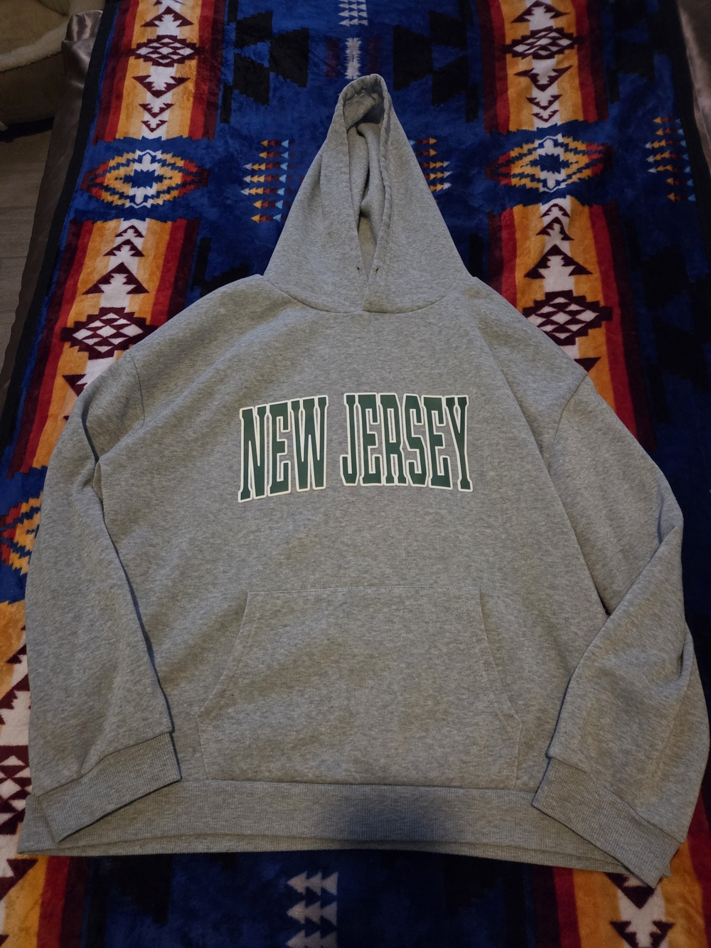 SHEIN Grey Hoodie with Green 'NEW JERSEY' Chest Graphic